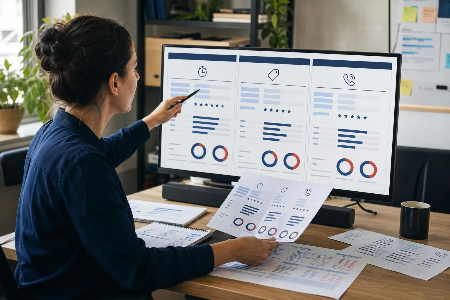 Business leaders reviewing a competitor benchmarking scorecard