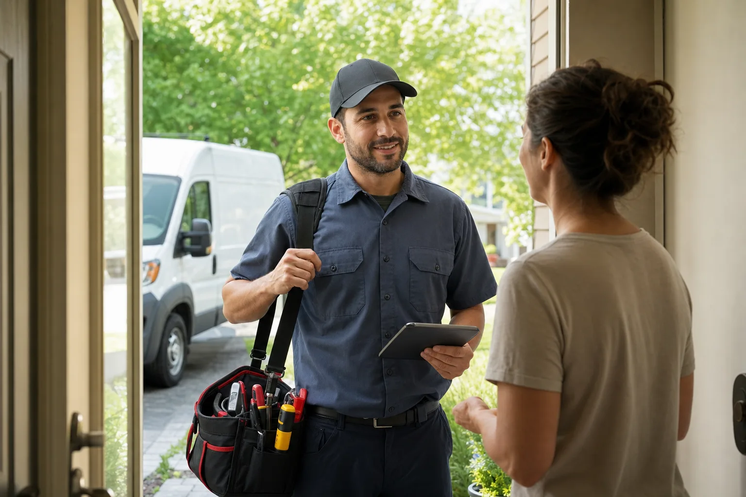 Home service technician being evaluated during a customer visit